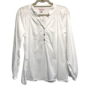 Lilly Pulitzer Blouse Medium White Smocked Cotton Coastal Classic Chic Nautical